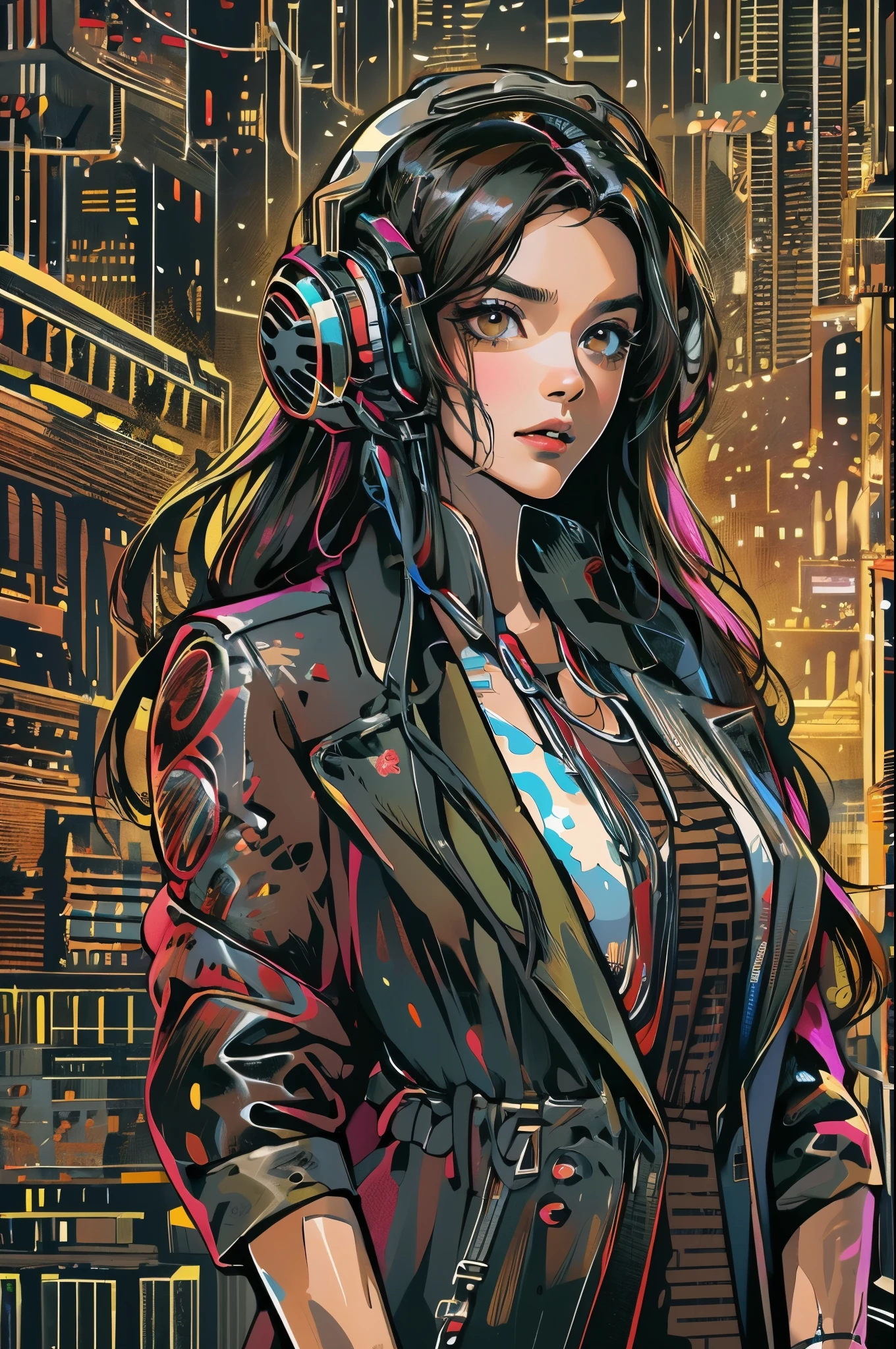 (absurdres, highres, ultra detailed, realistic, ), 1 18 year-old，girl, solo, elegance， long black hair, suits,brown eyes,  (headphone)，cyberpunk city background, ultra - detailed, best quality, Detailed diagram, vectorized, 8K,  Graphic design, vector lines, Full-HD，full body