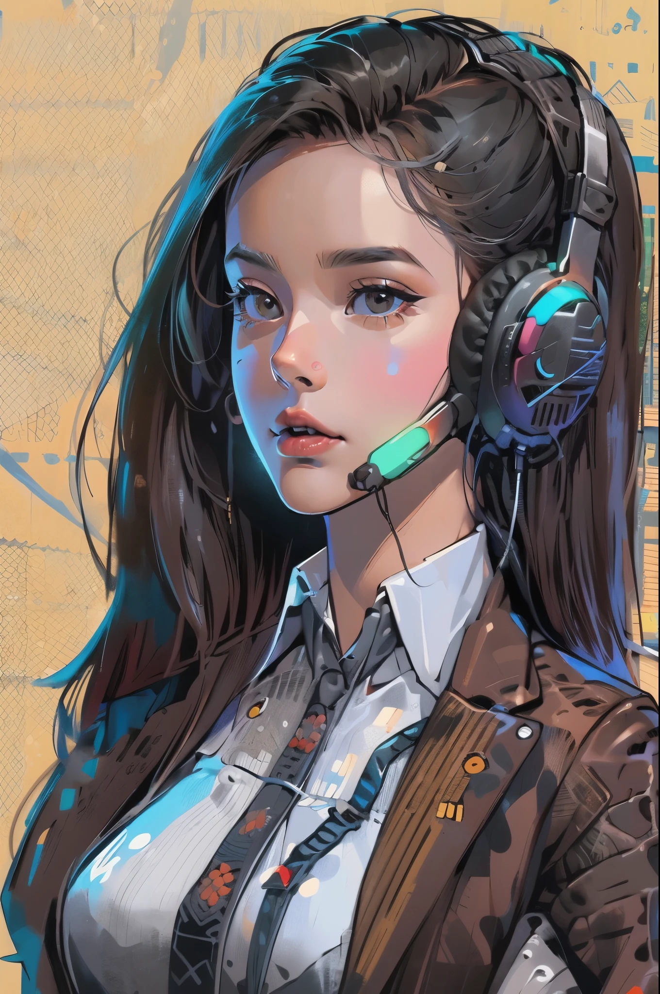 (absurdres, highres, ultra detailed, realistic, ), 1 18 year-old，girl, solo, elegance， long black hair, suits,brown eyes,  (headphone)，cyberpunk city background, ultra - detailed, best quality, Detailed diagram, vectorized, 8K,  Graphic design, vector lines, Full-HD，full body