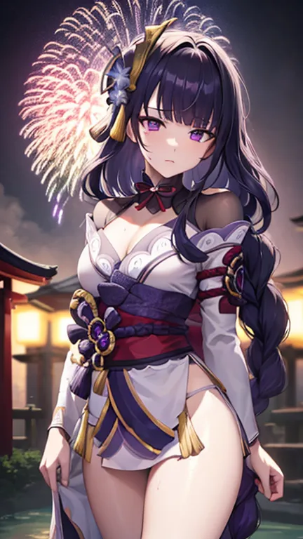 masterpiece, best quality, 1girl, solo, raiden shogun, long hair, purple hair, purple eyes, medium breasts, braided ponytail, ha...