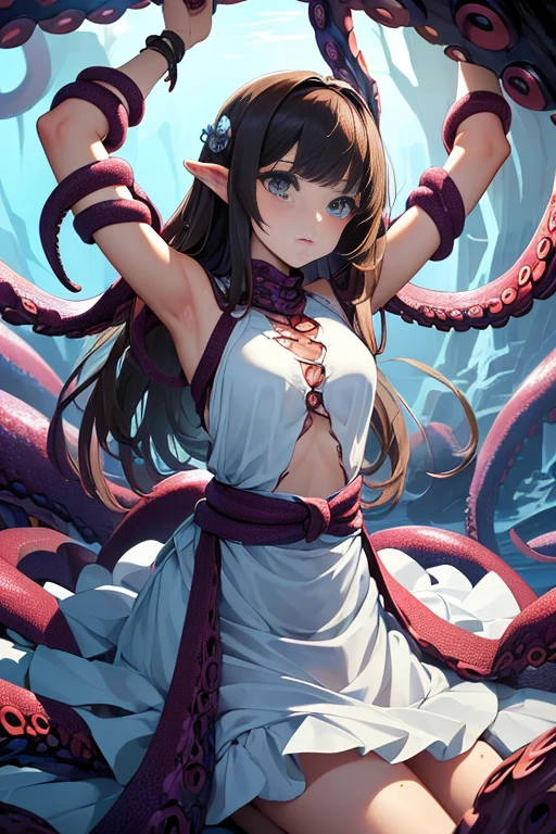 ((masterpiece)), ((best quality)), (ultra-detailed),(in the cave),(monster),(((many tentacles wrap arotnd the body))),a cute girl, 1girl, solo, (white girly dress),((many tentacles bound arms)), ((thin waist)),large breast, slim, slender,beautiful brown hair, beautiful blue eyes, (beautiful eyes), long hair,troubled expressio