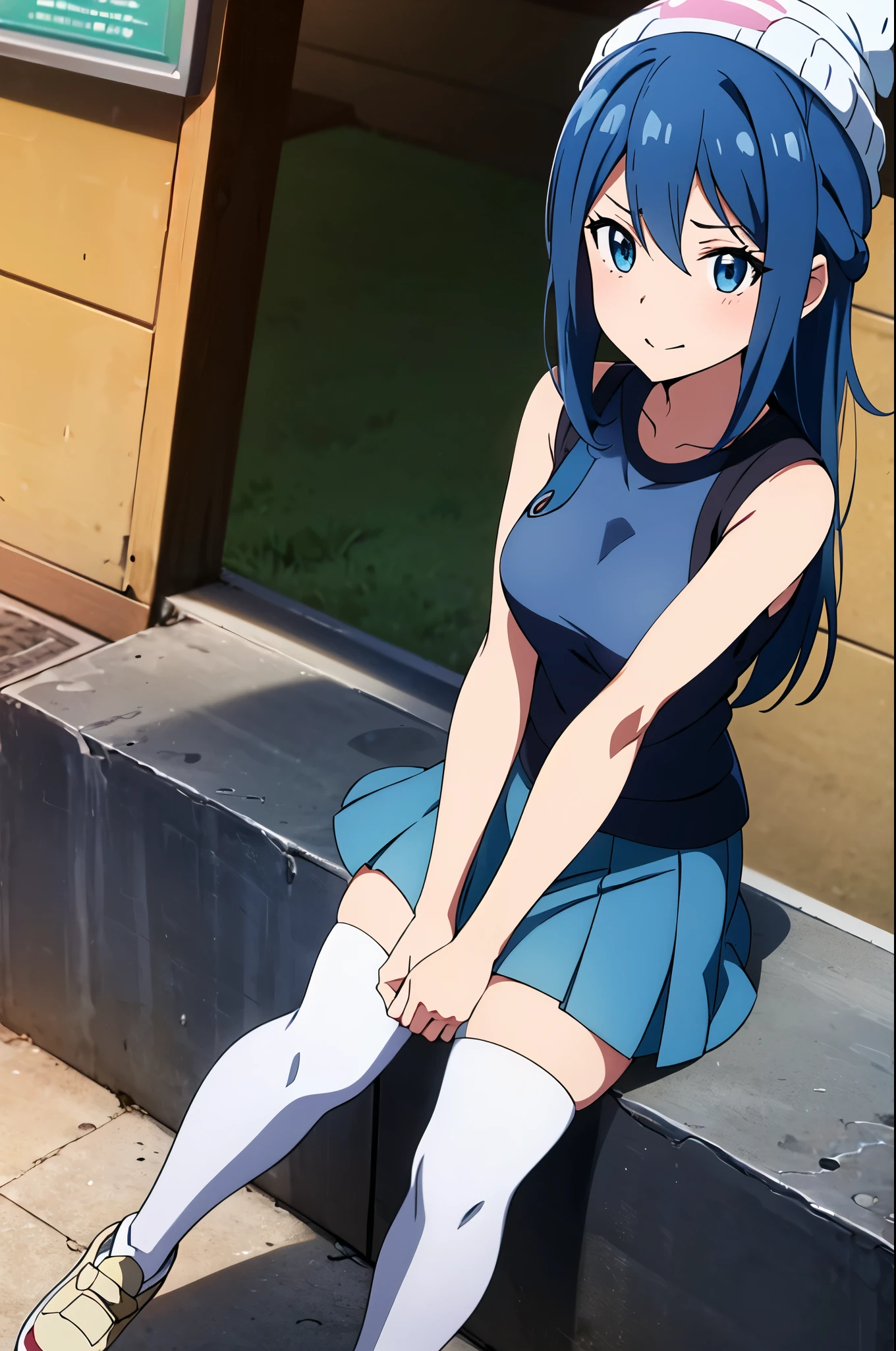 Anime girl sitting on a ledge with her legs crossed - SeaArt AI