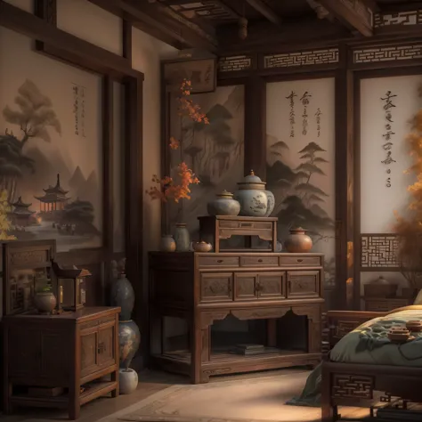 A traditional Chinese bedroom with antique wooden furniture, delicate carvings, and soft lighting, featuring ancient-style doors...