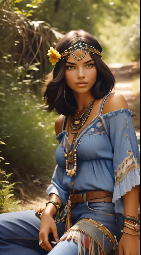 Foto hiperrealista en primer plano de Adriana Lima, dressed in blue peasant blouse paired with bell-bottom jeans and fringe accessories. She wears a headband or flower crown in her long, flowing hair. The setting is a bohemian-inspired outdoor music festiv...