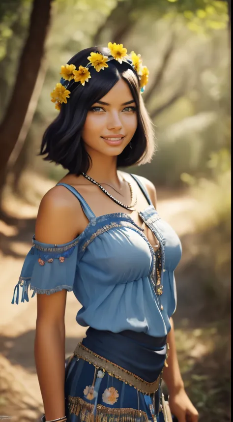 Foto hiperrealista en primer plano de Adriana Lima, dressed in blue peasant blouse paired with blue skirt and fringe accessories. She wears a headband or flower crown in her long, flowing hair. The setting is a bohemian-inspired outdoor music festival or a...