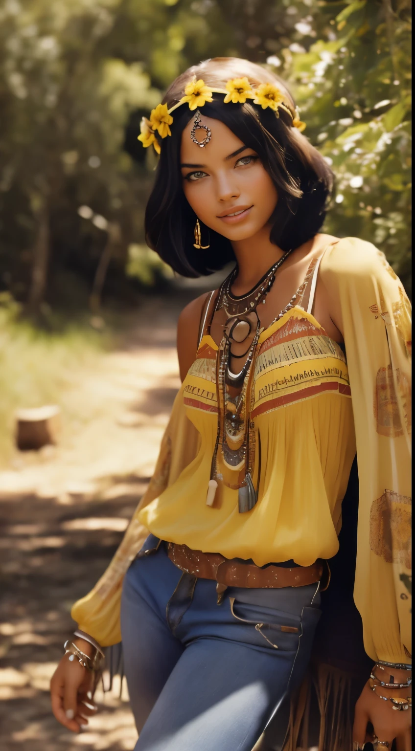 A close up of a woman wearing a yellow top and a flower crown - SeaArt AI