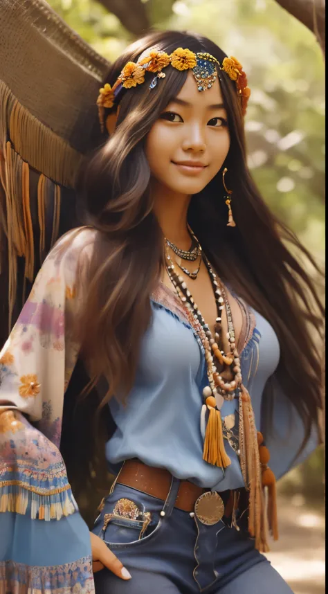 Foto hiperrealista en primer plano de Kim Joo from Korea,  dressed in a tie-dye blue blue blouse paired with bell-bottom jeans and fringe accessories. She wears a headband or flower crown in her long, flowing hair. The setting is a bohemian-inspired outdoo...