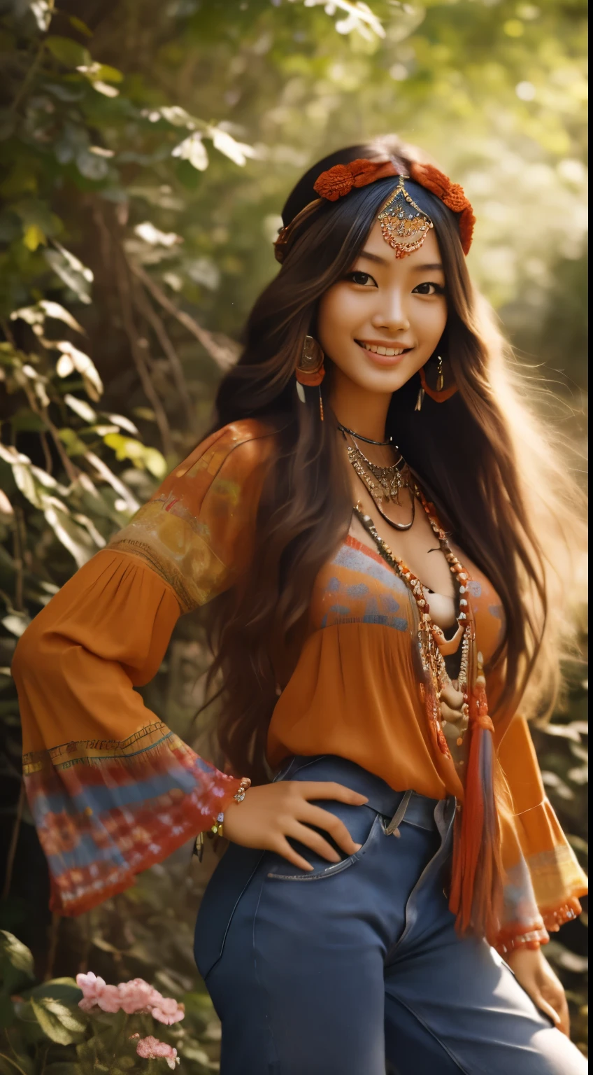 Foto hiperrealista en primer plano de Kim Joo fro  Korea,  vestida con una blusa roja teñida anudada combinada con jeans acampanados y accesorios con flecos. Lleva una diadema o corona de flores en su largo, pelo que fluye. El escenario es un festival de música al aire libre de inspiración bohemia o un tranquilo telón de fondo de la naturaleza, capturando el espíritu libre y relajado de la época 60Retro69Punch75, , Mujer hermosa, flaco, grandes pechos grandes, pelo largo negro, cara detallada, sonrisa, Frente a la cámara, foto tomada desde la distancia, edad de 25 años