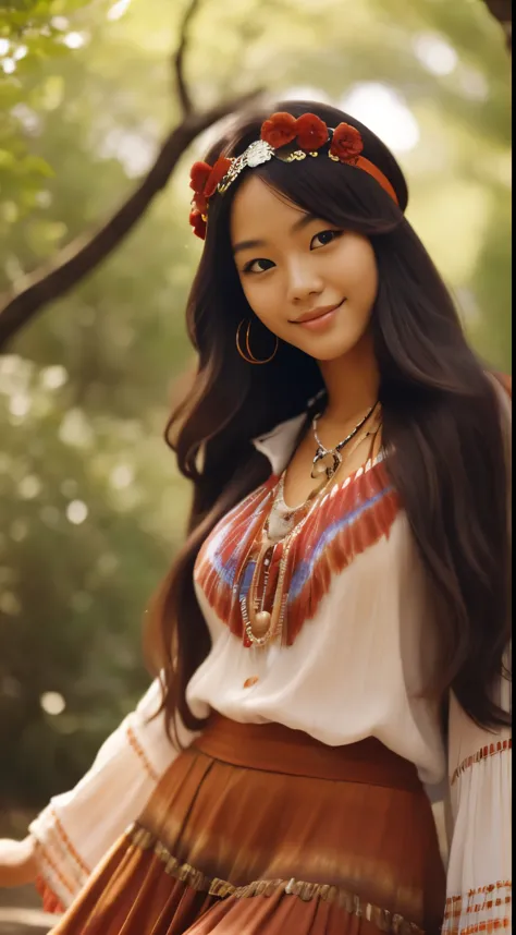 Foto hiperrealista en primer plano de Kim Joo from Korea,  dressed in a tie-dye red red blouse paired with red red  long skirt and fringe accessories. She wears a headband or flower crown in her long, flowing hair. The setting is a bohemian-inspired outdoo...