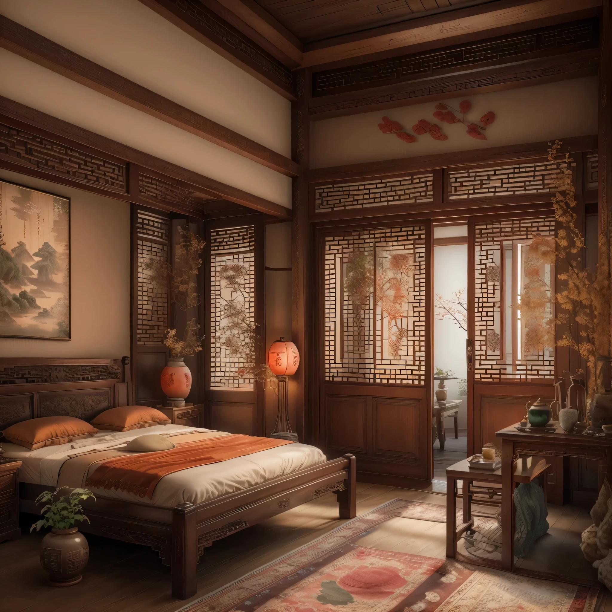 A traditional Chinese bedroom with antique wooden furniture, delicate carvings, and soft lighting, featuring ancient-style doors and elegant window coverings, ornate zither quietly placed in the corner, ink paintings hanging on the wall, exquisite jade carvings by the window, fragrant aroma diffusing throughout the room, displaying elegant calligraphy and antique artifacts, exuding a rich cultural atmosphere. (best quality,4k,8k,highres,masterpiece:1.2),ultra-detailed,(realistic,photorealistic,photo-realistic:1.37),traditional Chinese landscape,antique artistry,subtle and warm color palette,soft and natural lighting.