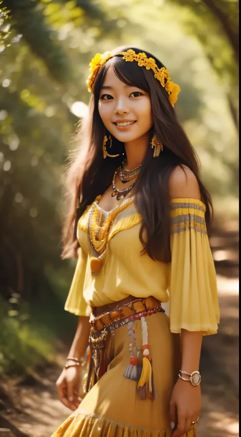 Foto hiperrealista en primer plano de Kim Joo from Korea,  dressed in yellow peasant blouse paired with yellow long skirt and fringe accessories. She wears a headband or flower crown in her long, flowing hair. The setting is a bohemian-inspired outdoor mus...