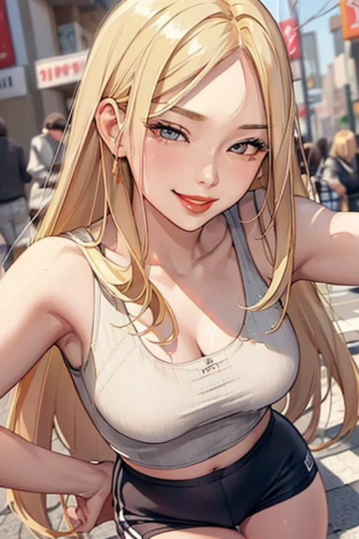 1girl,  (masterpiece, detailed background, best quality), long and shiny hair, blonde hair, sportswear, smirk, juicy lips, bitch juice, red lips, perfect eyes,