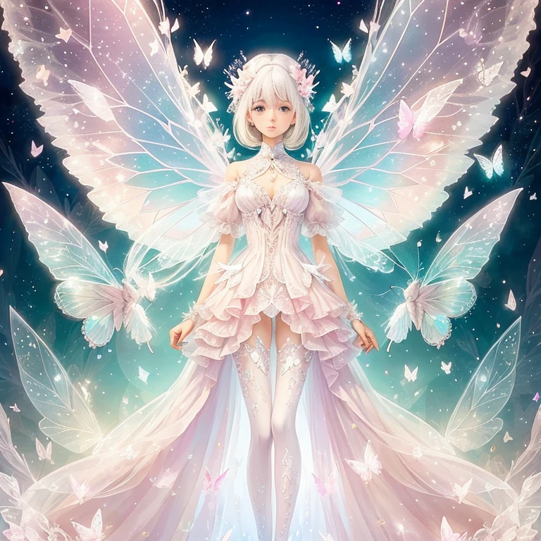 白发仙子穿粉色透明闪钻连衣裙、在天空上，家畜，长腿，对称的翅膀,魔法（（（花瓣在空中飞舞）））许多蝴蝶飞（（柔和的色调））（最好的质量））， （（复杂的细节））， （（超现实主义））（8千）