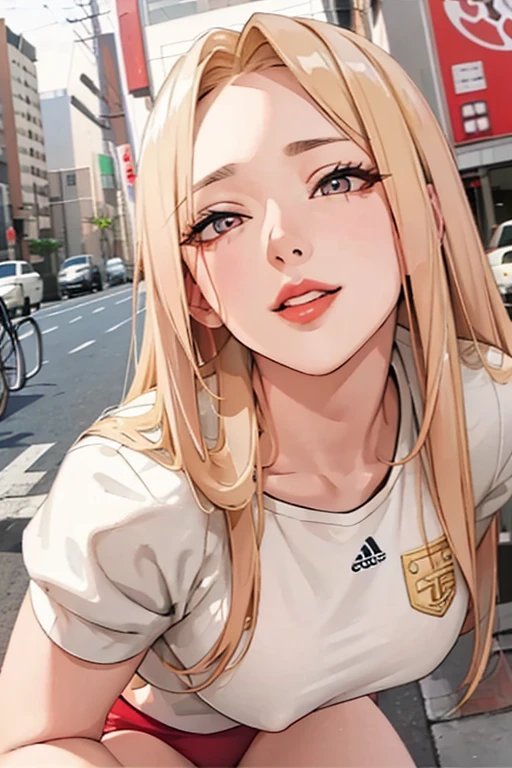 1girl,  (masterpiece, detailed background, best quality), long and shiny hair, blonde hair, sportswear, smirk, juicy lips, bitch juice, red lips, perfect eyes,ahegao,orgasm,