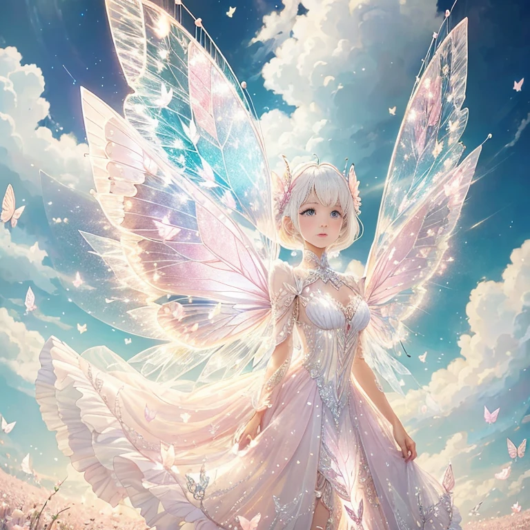白髮仙子穿著粉紅色透明閃鑽連身裙、在天空上，家畜，長腿，对称的翅膀,魔法（（（花瓣飛滿地）））蝴蝶（（柔和的色調））（最好的品質））， （（錯綜複雜的細節））， （（超現實主義））（8K）