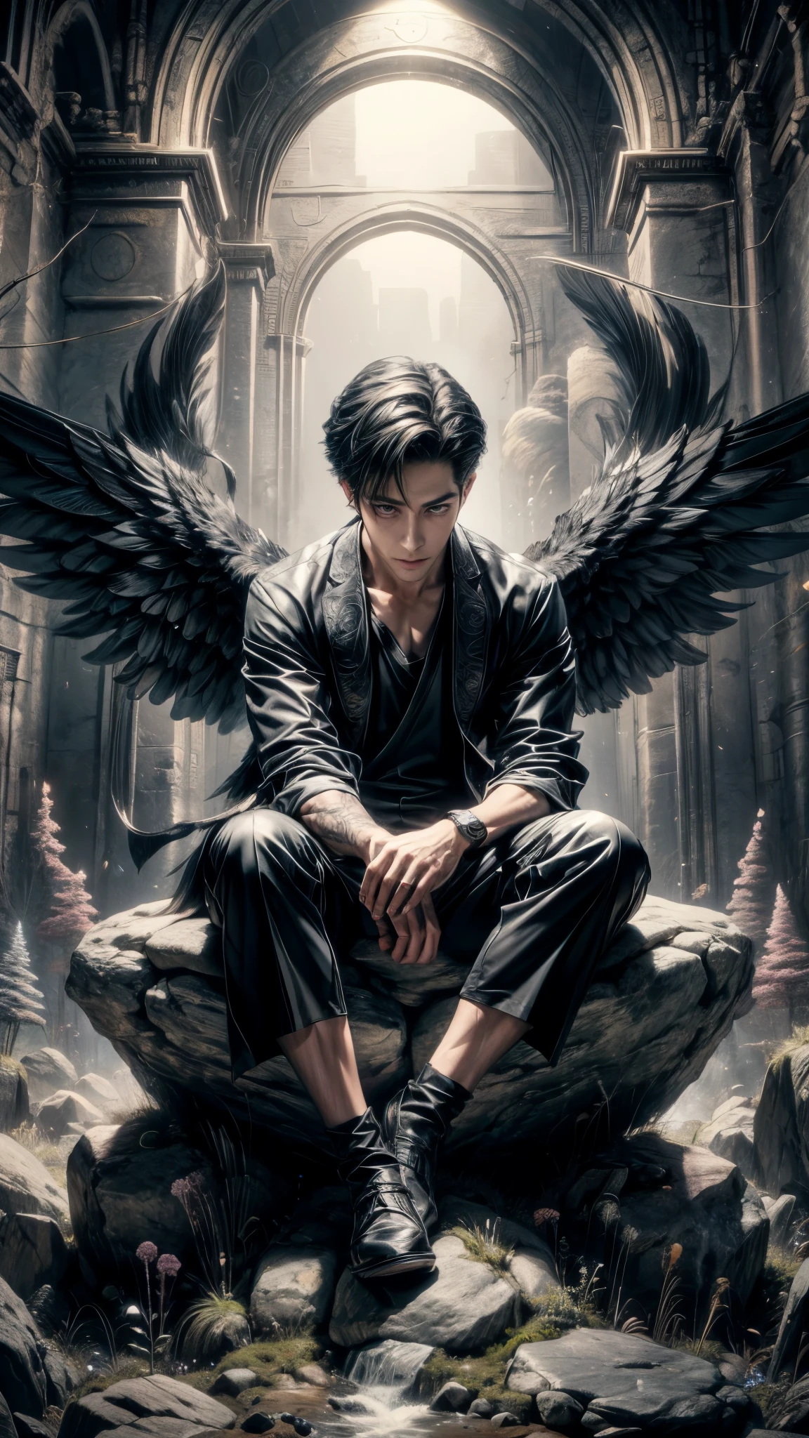 anime - style illustration of a man with wings sitting on a rock, winged boy, 4 k manga wallpaper, winged human, 4k anime wallpaper, black wings instead of arms, anime wallaper, anime art wallpaper 4k, anime art wallpaper 4 k, anime art wallpaper 8 k, dark feathered wings, young wan angel, low angel, anime wallpaper 4k