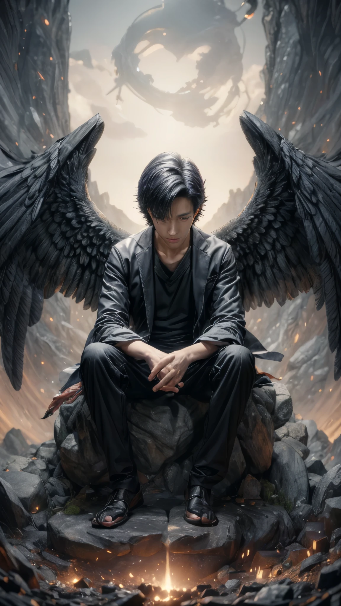 style illustration of a man with wings sitting on a rock, winged boy, 4 k manga wallpaper, winged human, 4k anime wallpaper, black wings instead of arms, anime wallaper, anime art wallpaper 4k, anime art wallpaper 4 k, anime art wallpaper 8 k, dark feathered wings, young wan angel, low angel, anime wallpaper 4 k