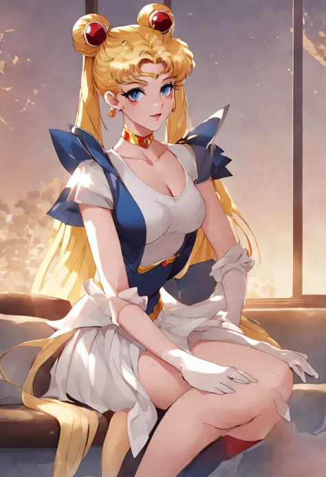 best quality, Super detailed, (1 girl, alone,super sailor moon, twice as good, Double tail, ring, earrings, collar, bow, Gloves, tights, mini skirt, smile fang,  relaxed posture, elbows extended, permanent, ,), in a hotel room
