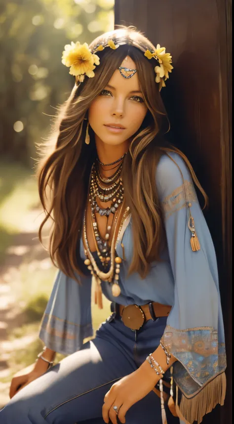 Foto hiperrealista en primer plano de Kate Beckinsale, dressed in blue peasant blouse paired with bell-bottom jeans and fringe accessories. She wears a headband or flower crown in her long, flowing hair. The setting is a bohemian-inspired outdoor music fes...
