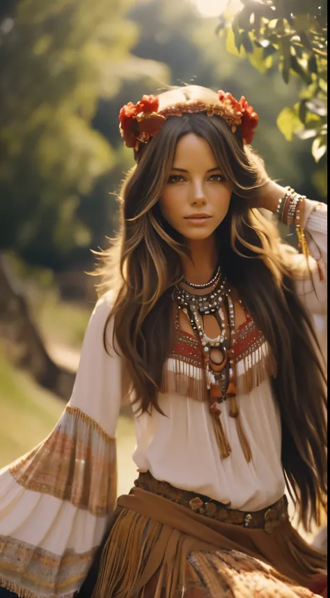Foto hiperrealista en primer plano de Kate Beckinsale, dressed in red peasant blouse paired with red skirt and fringe accessories. She wears a headband or flower crown in her long, flowing hair. The setting is a bohemian-inspired outdoor music festival or ...
