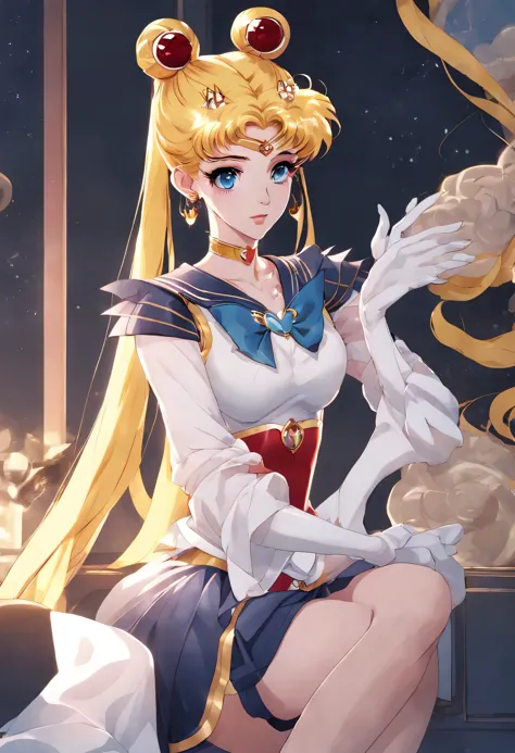 best quality, Super detailed, (1 girl, alone,super sailor moon, twice as good, Double tail, ring, earrings, collar, bow, Gloves, tights, mini skirt, smile fang,  relaxed posture, elbows extended, permanent, ,), in a hotel room