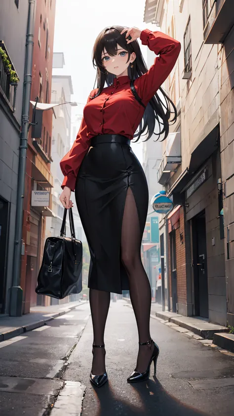 ((masterpiece, high resolution, best quality, best details, anime)), a woman standing on the street, dressed in a long skirt, le...