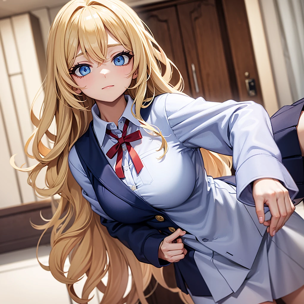 Long and blonde haired anime girl with wavy hair and bangs, Wearing blue school uniform, Blue eyes, Best quality, big breasts, angelic