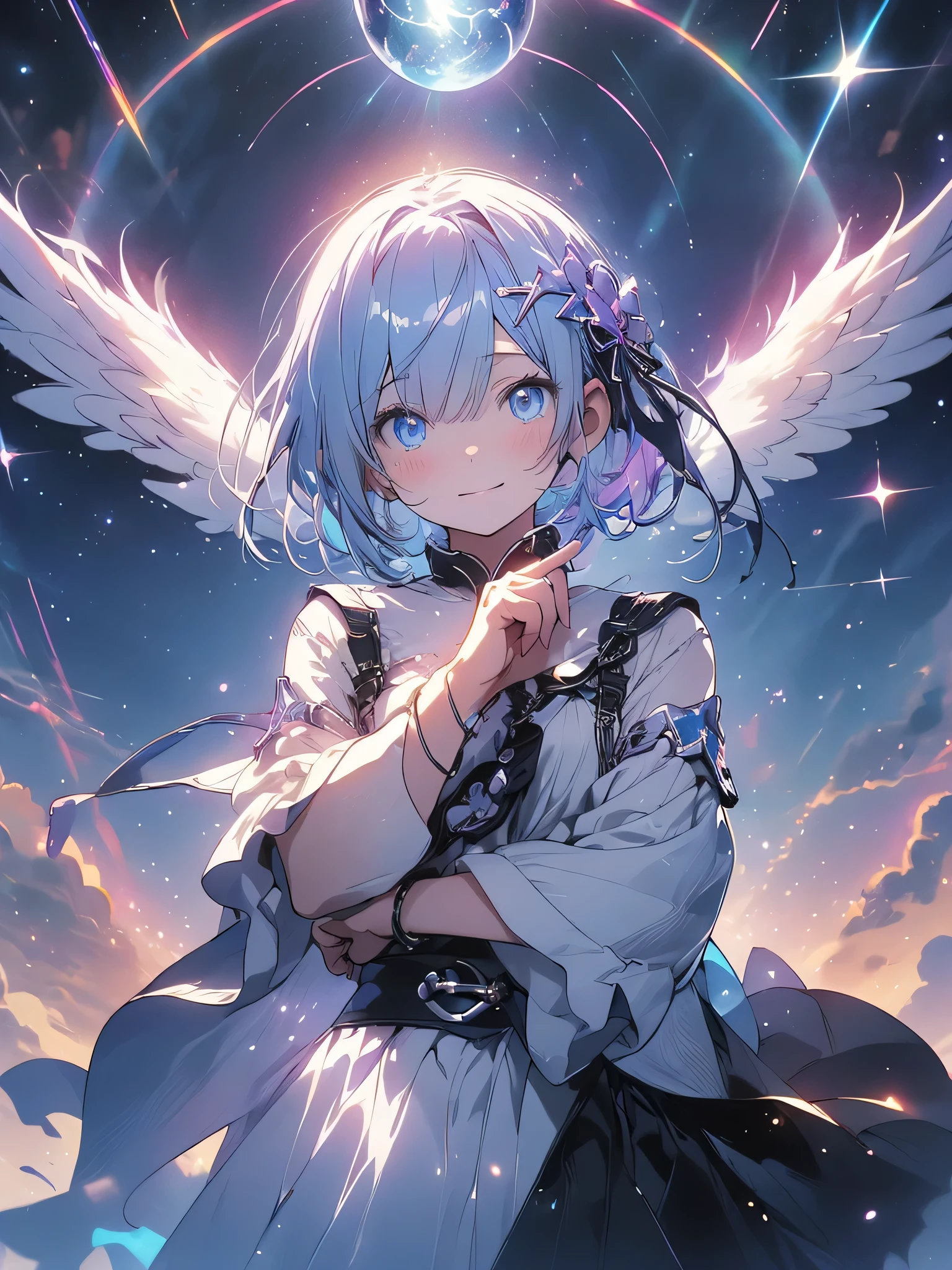 High resolution, Couboy Shot, looking at the viewer, No face or eyes,behind, (cent, small), (alone), equal scale reduction, sleep, (one cute girl:1.3), alone, white skin、 big smile、angel ring on head、A purple glowing circle floats above my head..、mini skirt、angel ring、eight-headed person, purple hair, (beaver:1.2), Mixed mesh and light blue、short hair, (dull bangs:1.2), beautiful hair, beautiful and detailed eyes, highly detailed eyes、sparkling eyes、octane number,cloud,Please wait、colorful starry sky,performer,Iridescent aura around the eyes、iridescent eyes、Narrowed eyes sucked in,Wearing a rainbow-colored aura from the whole body、purplish color, outdoor, Purple background, Shadow lighting,Hands folded behind the waist,Decisive pose、Detailed CG, (perfect hands, perfect anatomy)、stick out tongue（1:3）、Happier appearance