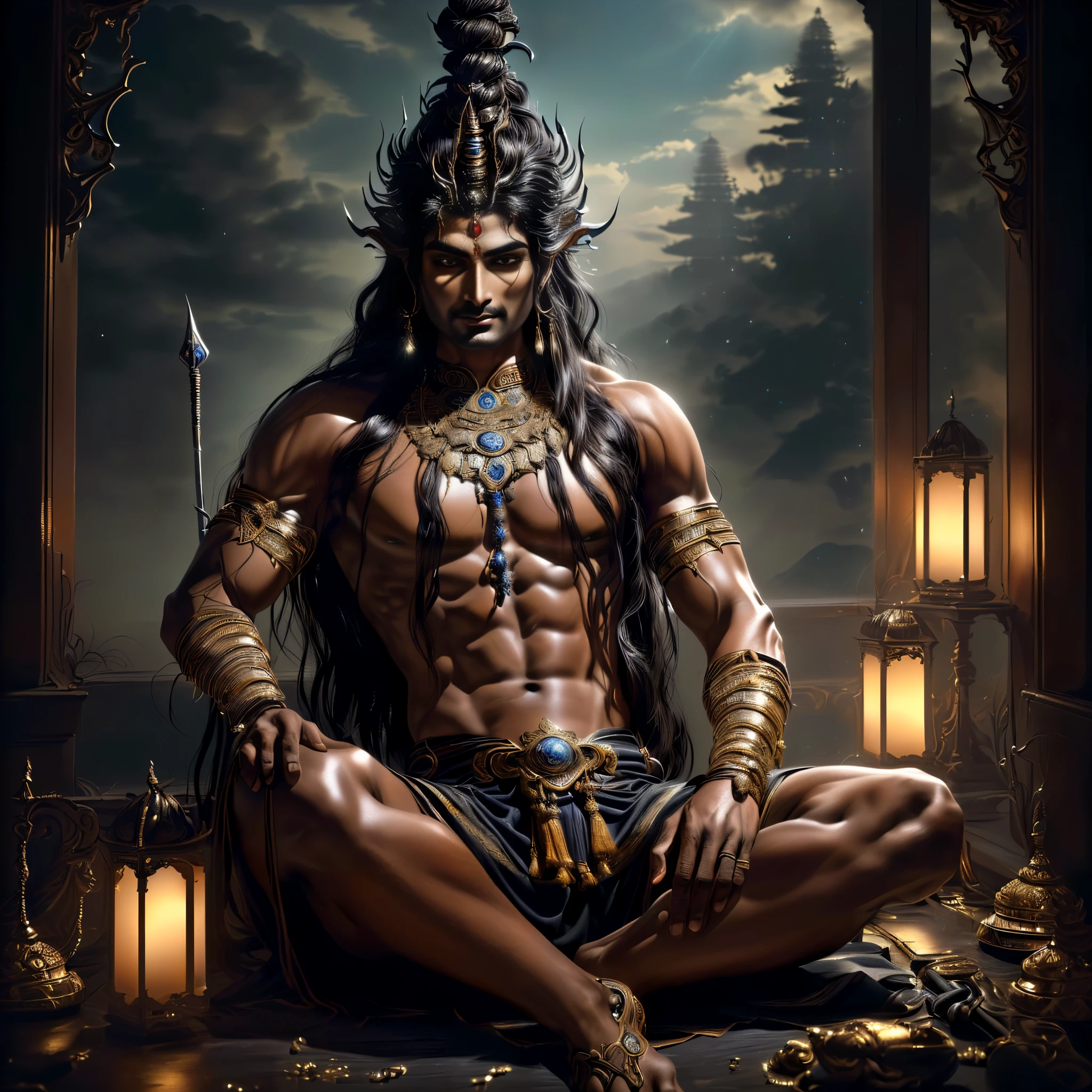 (best quality,4k,8k,highres,masterpiece:1.2),ultra-detailed, 1man, Indian god Shiva, Black Hair, dark brown skin, peaceful, calming, wise eyes, posed majestically, drawn in the style of Yoshitaka Amano, HDR, 8k, absurdres, cinestill 800, sharp focus, add_detail:2
