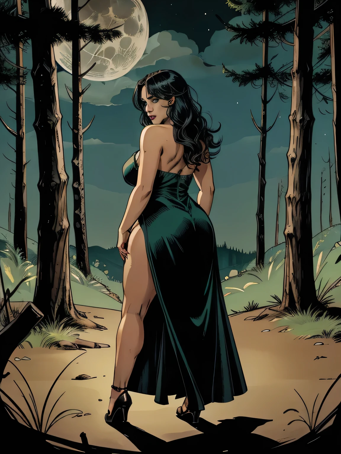 sexy sorceress, evil illusionist, very muscular, curvy, large breasts, thick thighs, long legs, feet in frame, diaphanous green dress, big breasts, arched back, large booty, sweaty, in the forest, nighttime, full moon, standing over cauldron, nylon pantyhose, super long dress blows in the wind