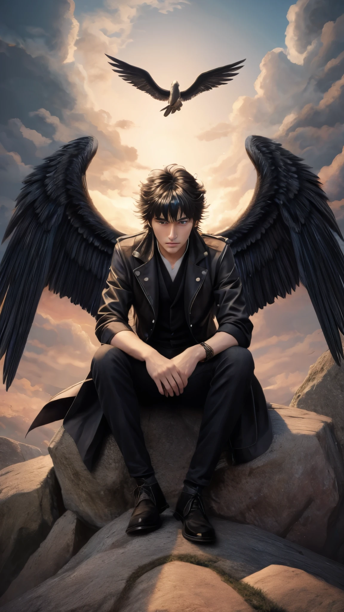 style illustration of a man with wings sitting on a rock, winged boy, 4 k manga wallpaper, winged human, 4k anime wallpaper, black wings instead of arms, anime wallaper, anime art wallpaper 8 k, anime art wallpaper 4k, anime art wallpaper 4 k, dark feathered wings, young wan angel, low angel, anime wallpaper 4k