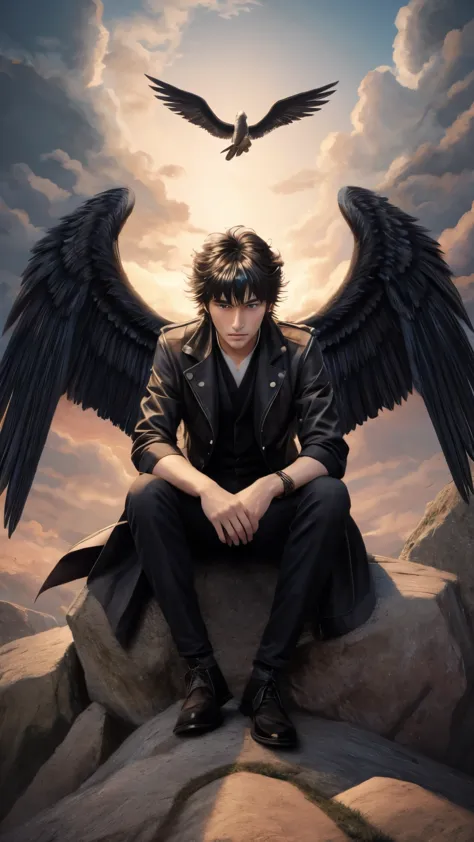 style illustration of a man with wings sitting on a rock, winged boy, 4 k manga wallpaper, winged human, 4k anime wallpaper, bla...