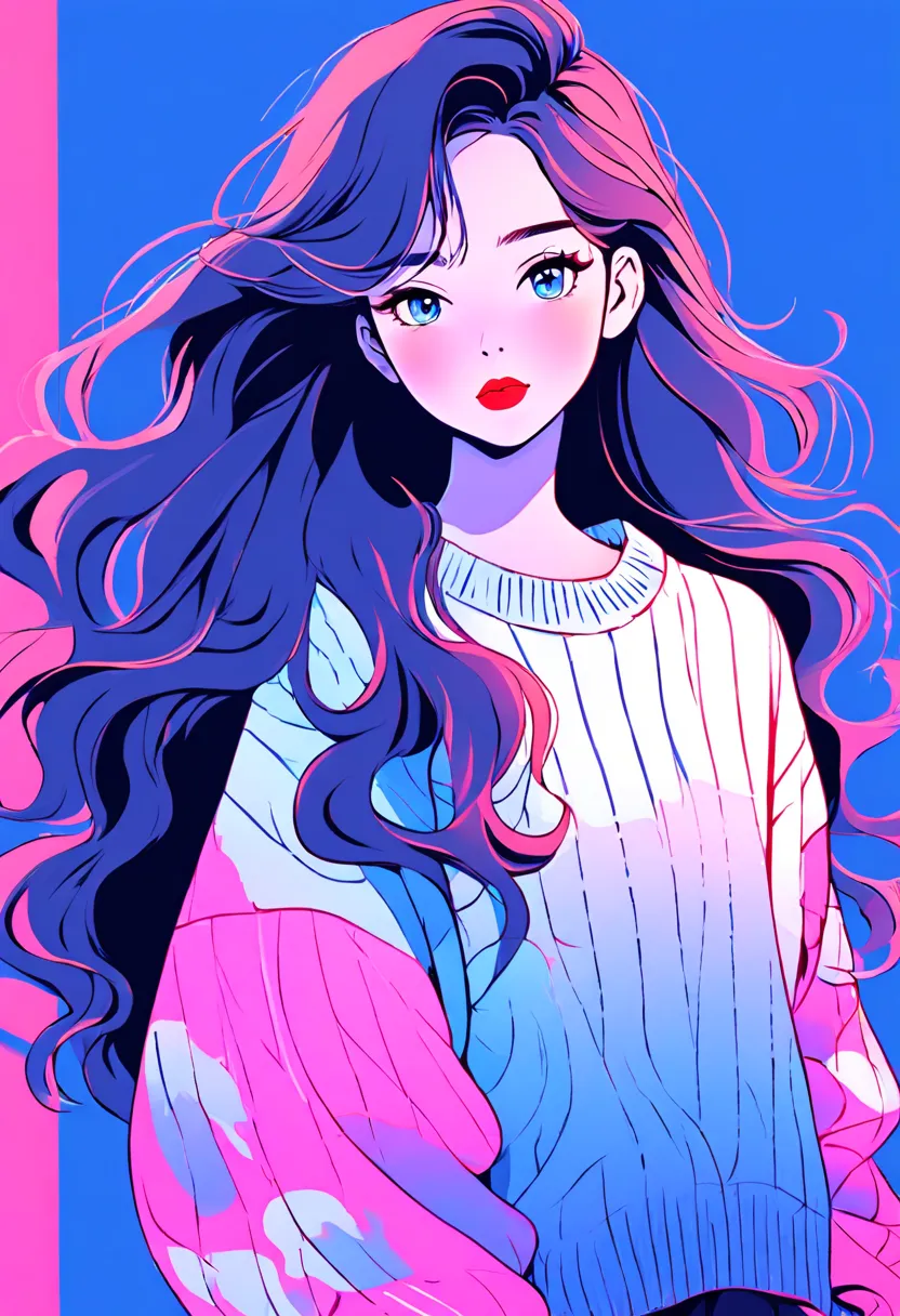 Illustrator, Japanese cartoons , actual ,sketch , 1 girl, ,lips, sweater,Order, Blue gradient background, Neon wavy long hair,te...