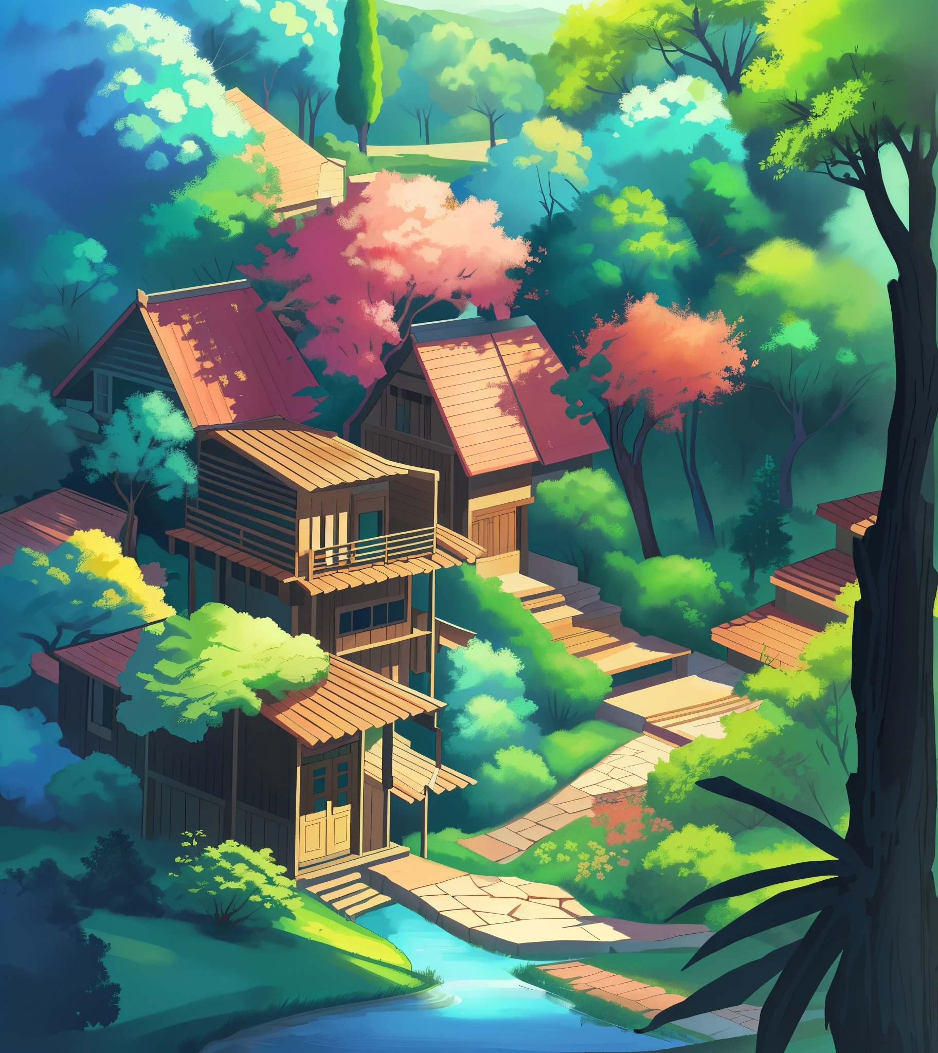 there is a painting of a house in the forest with a lake, anime arte de fundo, anime scenery concept art, anime exuberante john 8k madeiras, natureza dos animes, anime scenery, arte de fundo, floresta coberta, paisagem rural de anime, fundo de anime, beautiful anime scenery, environment design illustration, natureza dos animes wallpap, paisagem de anime, painted in anime painter studio