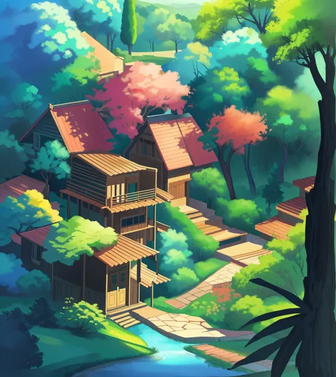 there is a painting of a house in the forest with a lake, anime arte de fundo, anime scenery concept art, anime exuberante john ...