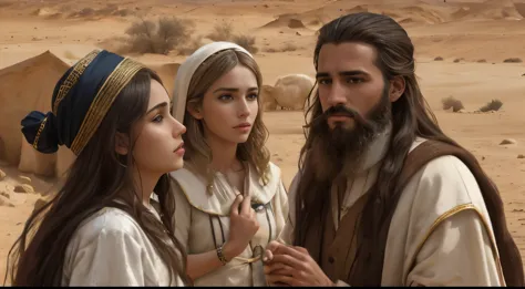many men, fotografia, biblical portrait of Jacob with two women, com rebanho de ovelhas atras , deserto, barba, trajes biblicos,...