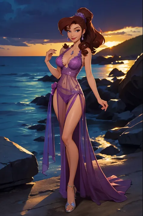Megara ((see-through dress)) (full figure) at a rocky beach, smiling, fun ((masterpiece)) ((best quality)) ((highly detailed))