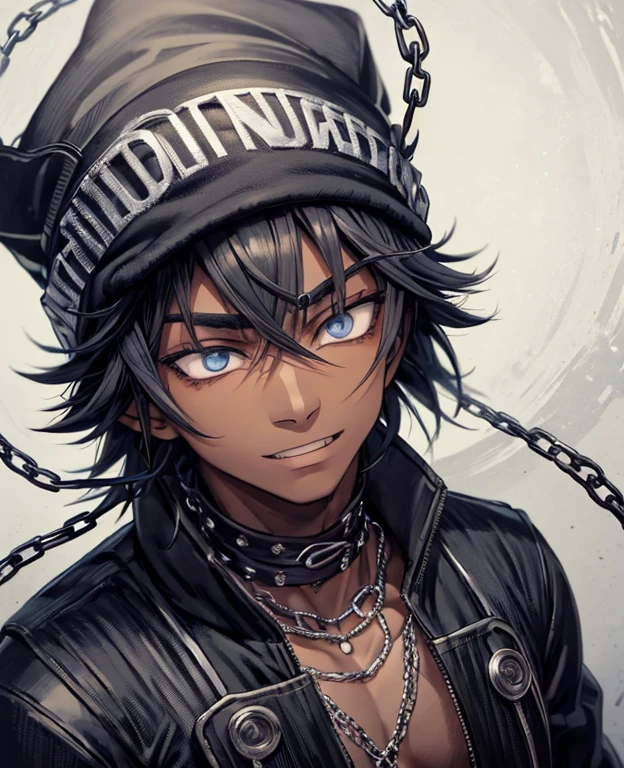 imagem de alta qualidade, personagem de anime, garoto, negro, expression of boredom, com gorro preto, touca de chamas azuis e brancas, headphone headset, fone de ouvido grande, casaco preto com gorro, metal chain around neck, corrente grande de metal, metal chain around neck 