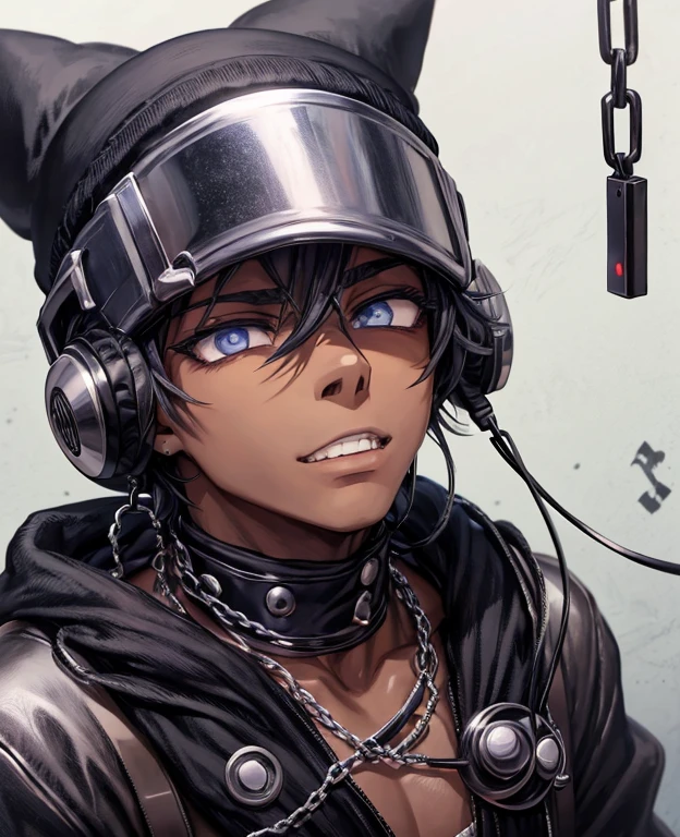 imagem de alta qualidade, personagem de anime, garoto, negro, expression of boredom, com gorro preto, touca de chamas azuis e brancas, headphone headset, fone de ouvido grande, casaco preto com gorro, metal chain around neck, corrente grande de metal, metal chain around neck 