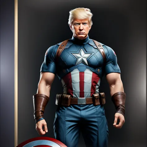 magine a composition that seamlessly combines the facial features, expressions, and characteristic elements of Donald Trump with the iconic superhero Captain America. Blend Trump's unmistakable hairstyle, facial expressions, and perhaps elements of his att...
