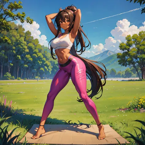 painting of a brown skinned sexy anime woman in a yoga in a field, on a yoga mat slim thick, yoga pose, ((full body)), brown ski...