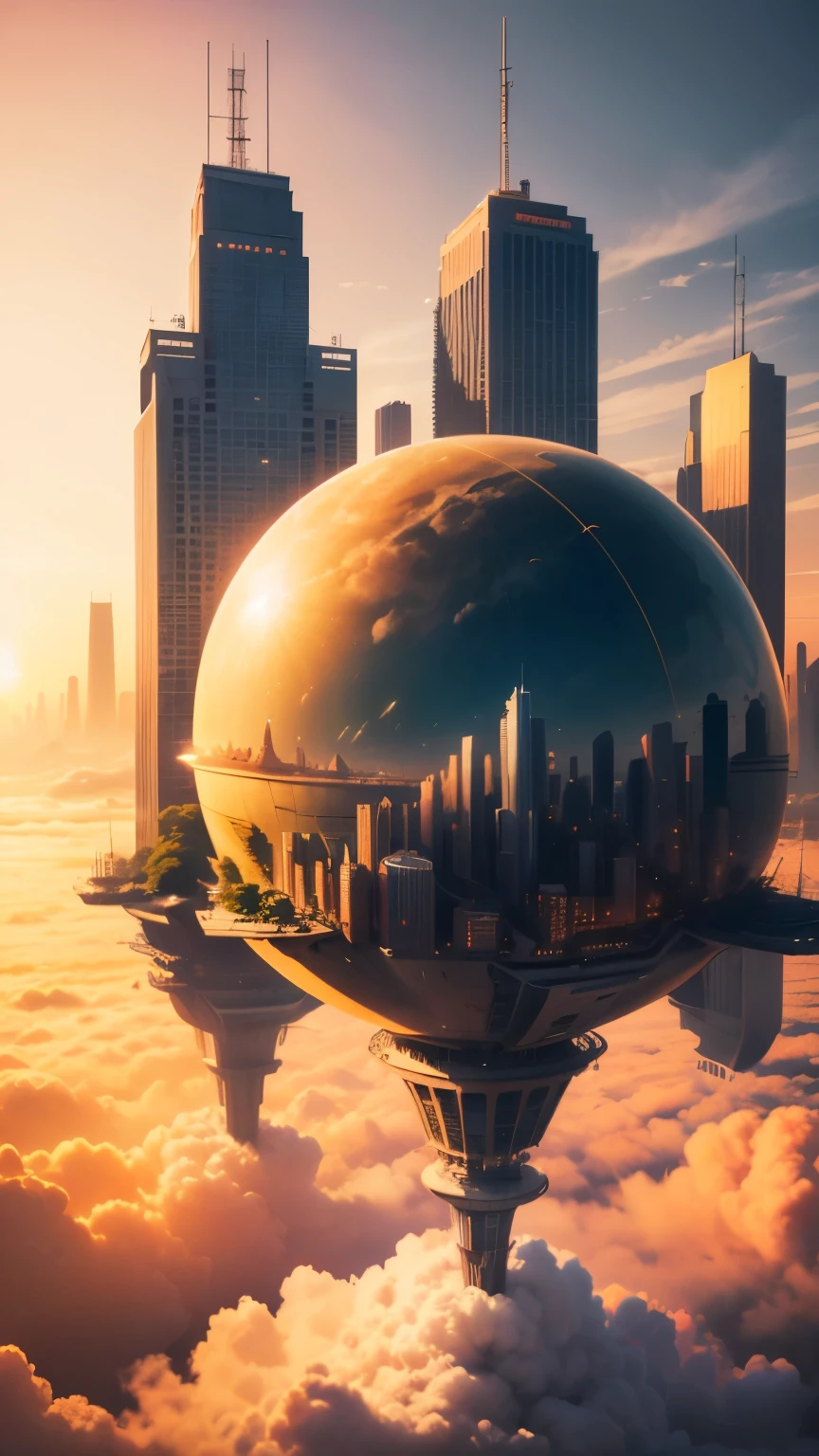 (Best quality,4K,8K,A high resolution,Masterpiece:1.2),Ultra-detailed,(Realistic,Photorealistic,photo-realistic:1.37),Futuristic floating cities ,Futuristic technology,Huge  high-tech tablet platform,Airships,Floating in the sky,Futuristic city,Small airships around,High-tech hemispherical platforms, city floating on lots of clouds, city on top of clouds,  clouds at bottom, golden yellow tones ,sunset, hot weather,city floating on desert, summer, yellow sky, yellow orange clouds, hot summer, multiple cities, birds eye view