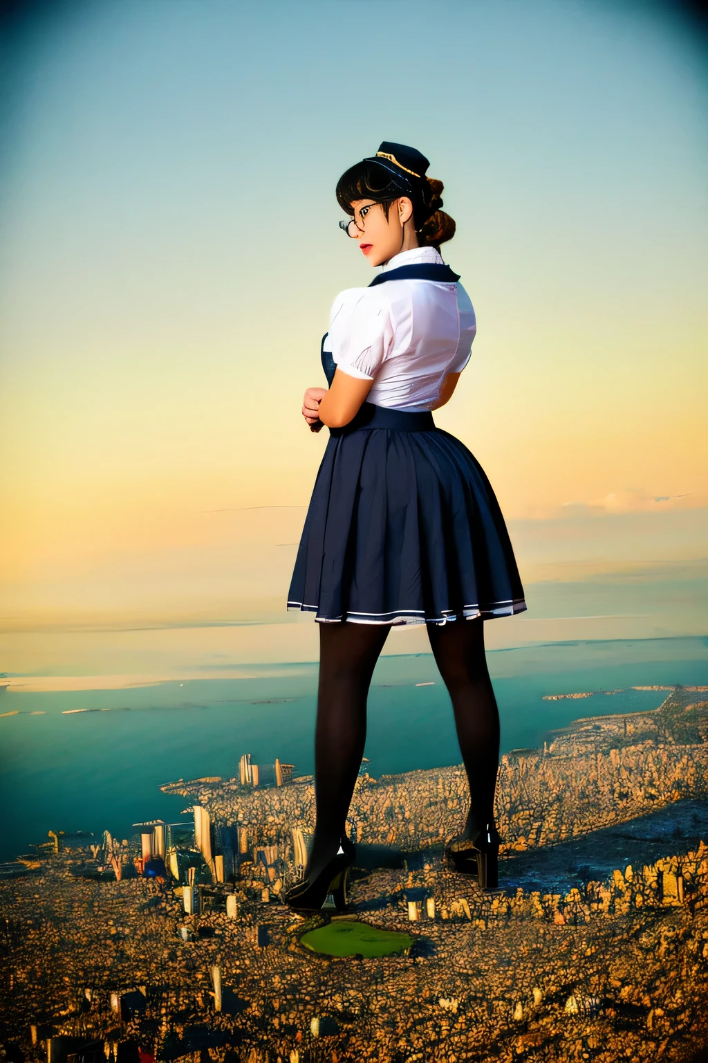 Giant&#39;s Art, Highly detailed Giant shot, Giant, short hair, A maid that is much bigger than a skyscraper, wearing rimless glasses, big breasts, BIG ASS, navy maid uniform, black pantyhose, black shoes, very small metropolis, miniature metropolis, full body description, ＧＴＳ, Giga Giant, Stomping City, crash city, Small town, micro city, maid, 