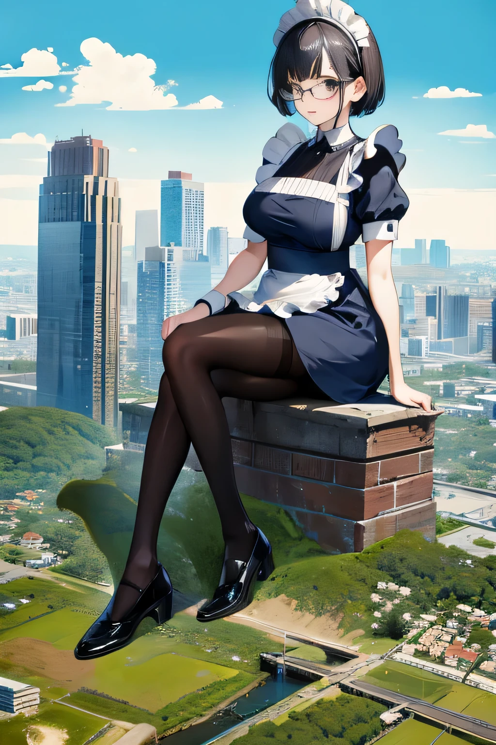 Giant&#39;s Art, Highly detailed Giant shot, Giant, short hair, black pantyhose, A maid that is much bigger than a skyscraper, wearing rimless glasses, big breasts, BIG ASS, navy maid uniform, black pantyhose, black shoes, very small metropolis, miniature metropolis, full body description, ＧＴＳ, Giga Giant, Stomping City, crash city, Small town, micro city, maid, 