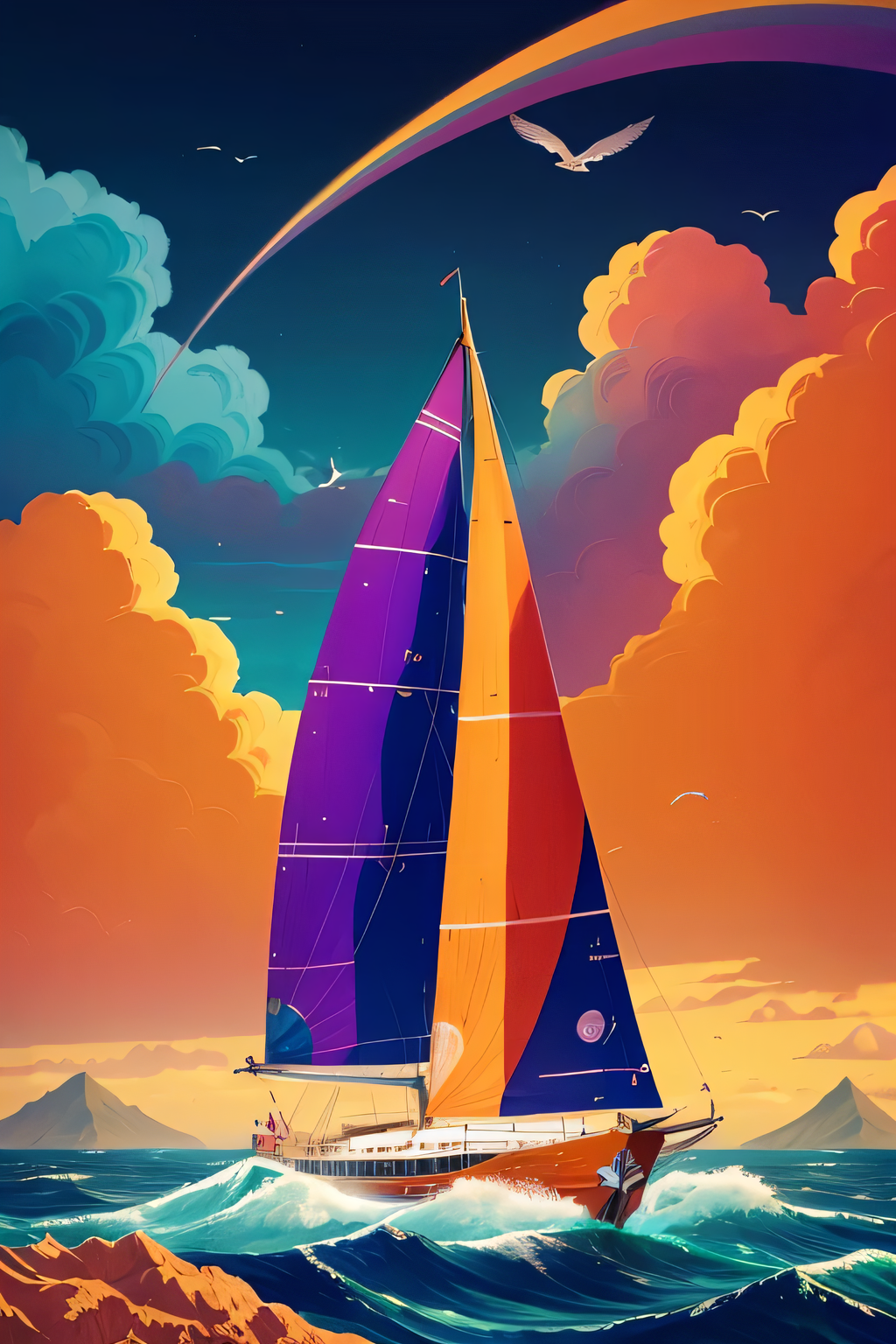 beautiful sunset colors, realistic waves, tranquil atmosphere, skilled brushwork, vibrant and vivid colors, calm and serene ocean.

masterpiece,sharp focus, highly detail, intricate detail on the sailing boat,