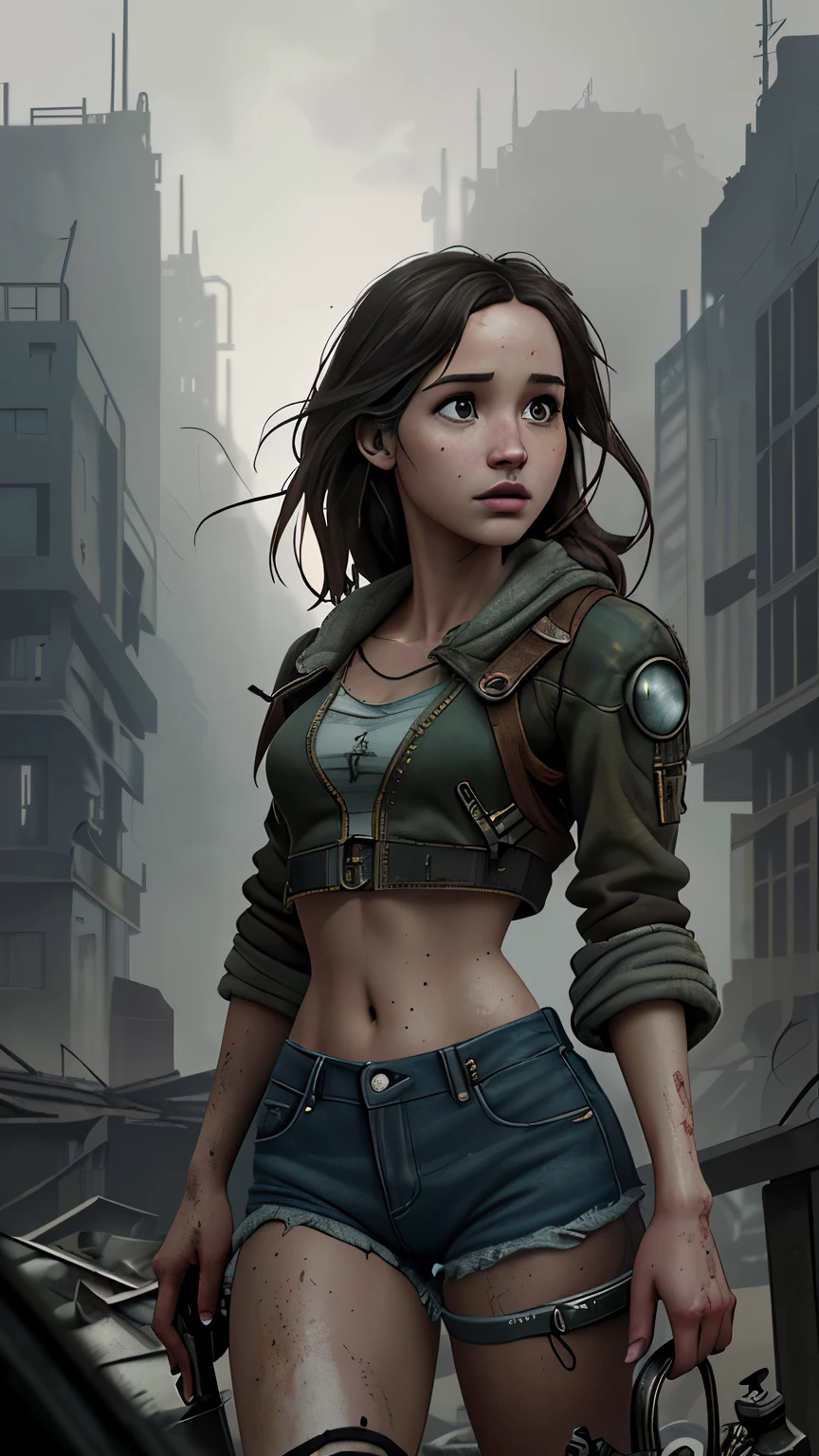 Foto hiperrealista en primer plano de Kelsey Asbille, masterpiece, best quality, (photorealistic:1.4), Create dystopian masterpieces. Depict the cityscape in the gritty style of the game's concept art. This work should evoke a sense of abandonment and despair in a futuristic, post-apocalyptic world. Notice the intricacies of detail, the sharp focus.