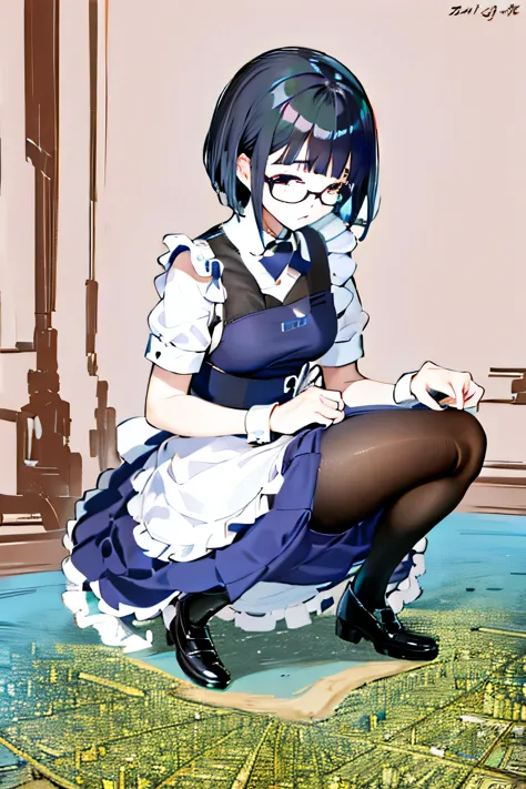 Giantの芸術, 非常に詳細なGiantショット, Giant, short hair, A maid that is much bigger than a skyscraper, wearing rimless glasses, big breasts, big ass, navy maid uniform, black pantyhose, black shoes, very small metropolis, miniature metropolis, squatting and urinating...