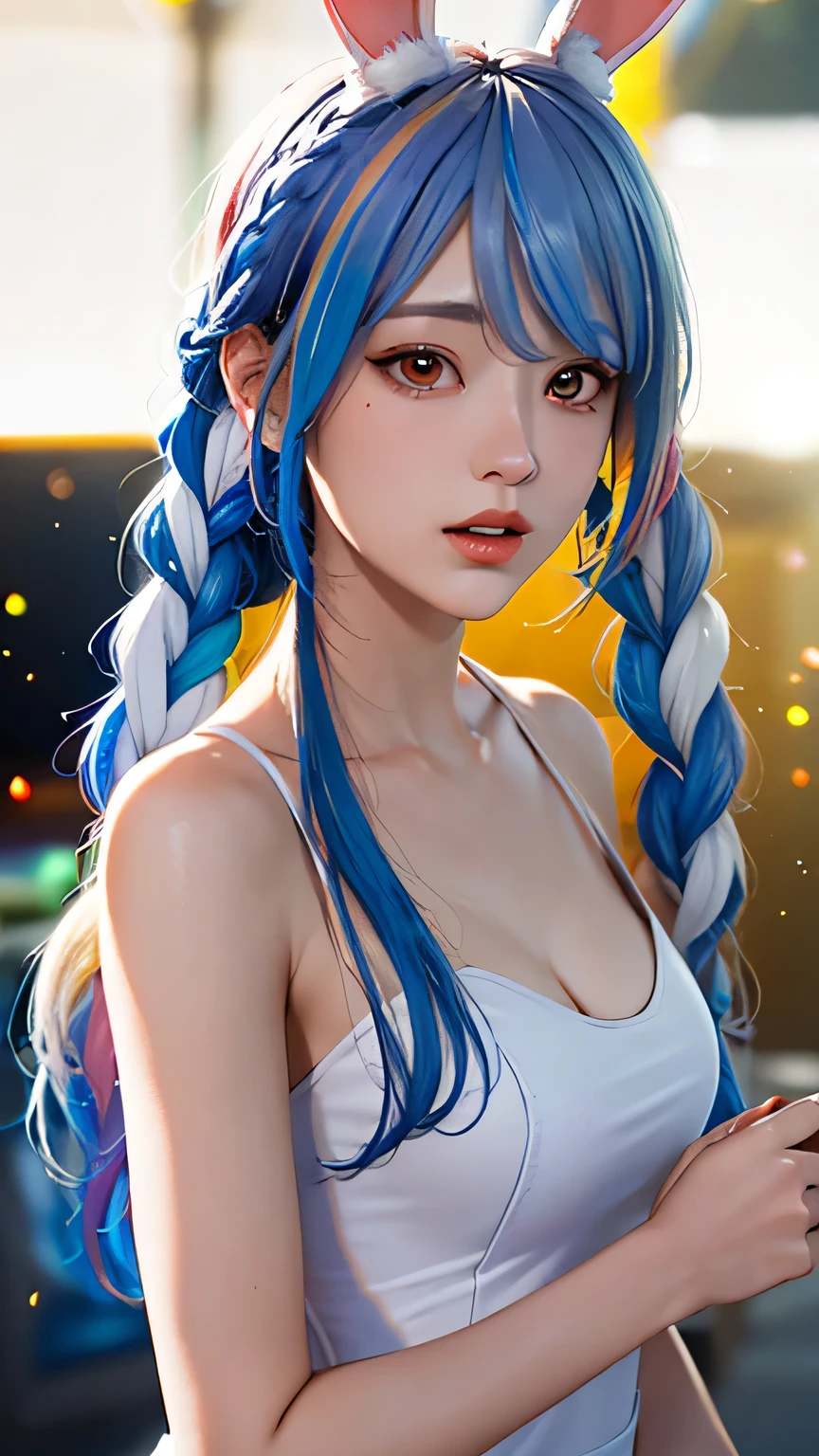 (shape: medieval sheep), Bunny girl, blue hair, twin braids, girl, alone, {{masterpiece}}, highest quality, Highly detailed CG Unity 8K wallpaper, cinematic lighting, Lens flare, beautiful detailed eyes, side line, colorful light, particle, (colorful:1.5), (colorful hair:1.5)