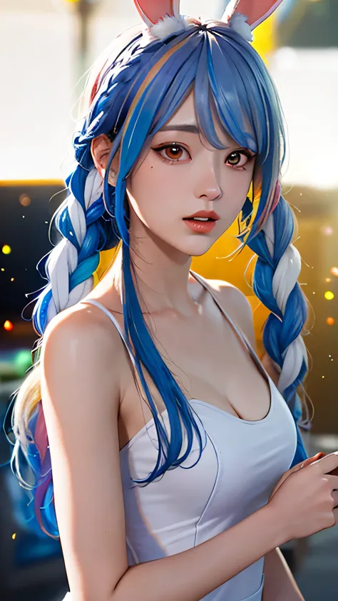 (shape: medieval sheep), bunny girl, blue hair, twin braids, girl, alone, {{masterpiece}}, highest quality, highly detailed cg u...