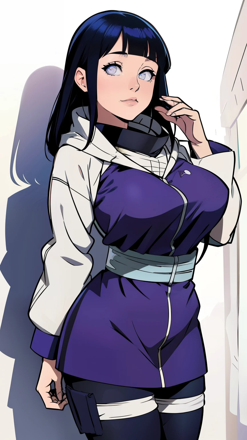 Hinata Hyûga mesure environ 160 centimètres. yeux nacrés ,ses cheveux noirs Raides , coupé avec frange, qui atteint la longueur de ses épaules. teint pâle , vêtements de Chun Le




