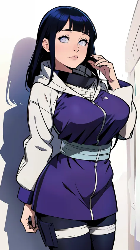 Hinata Hyûga mesure environ 160 centimètres. yeux nacrés ,ses cheveux noirs Raides , coupe avec frange, qui atteignent la longueur de ses épaules. teint pâle , vêtements de Chun Le




